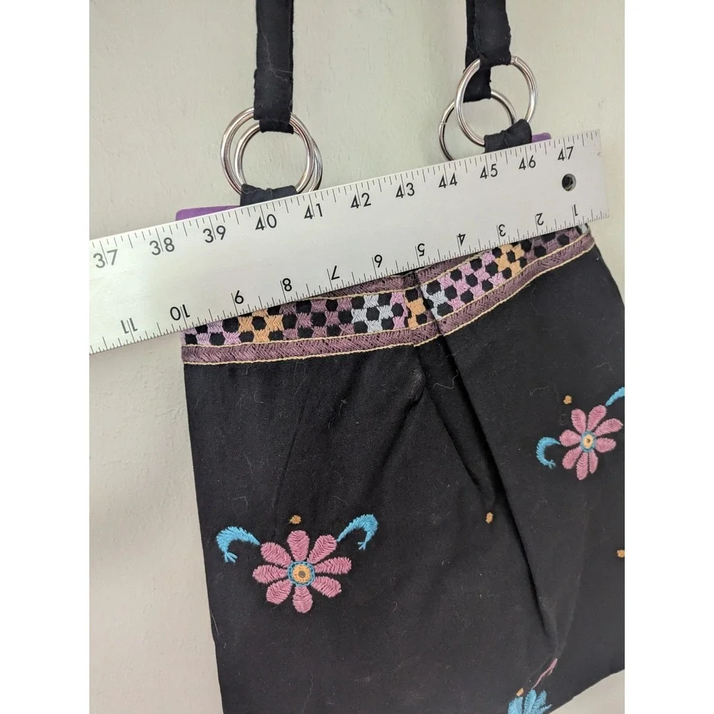 Black Floral Embroidered Cotton Tote‎ India Boho Hippie Shoulder Bag